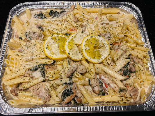 Penne w/ grilled chicken and spinach in a creamy lemon sauce