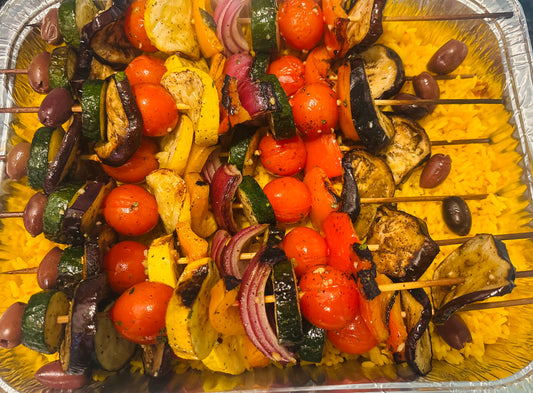 Grilled Veggie kabobs over yellow rice